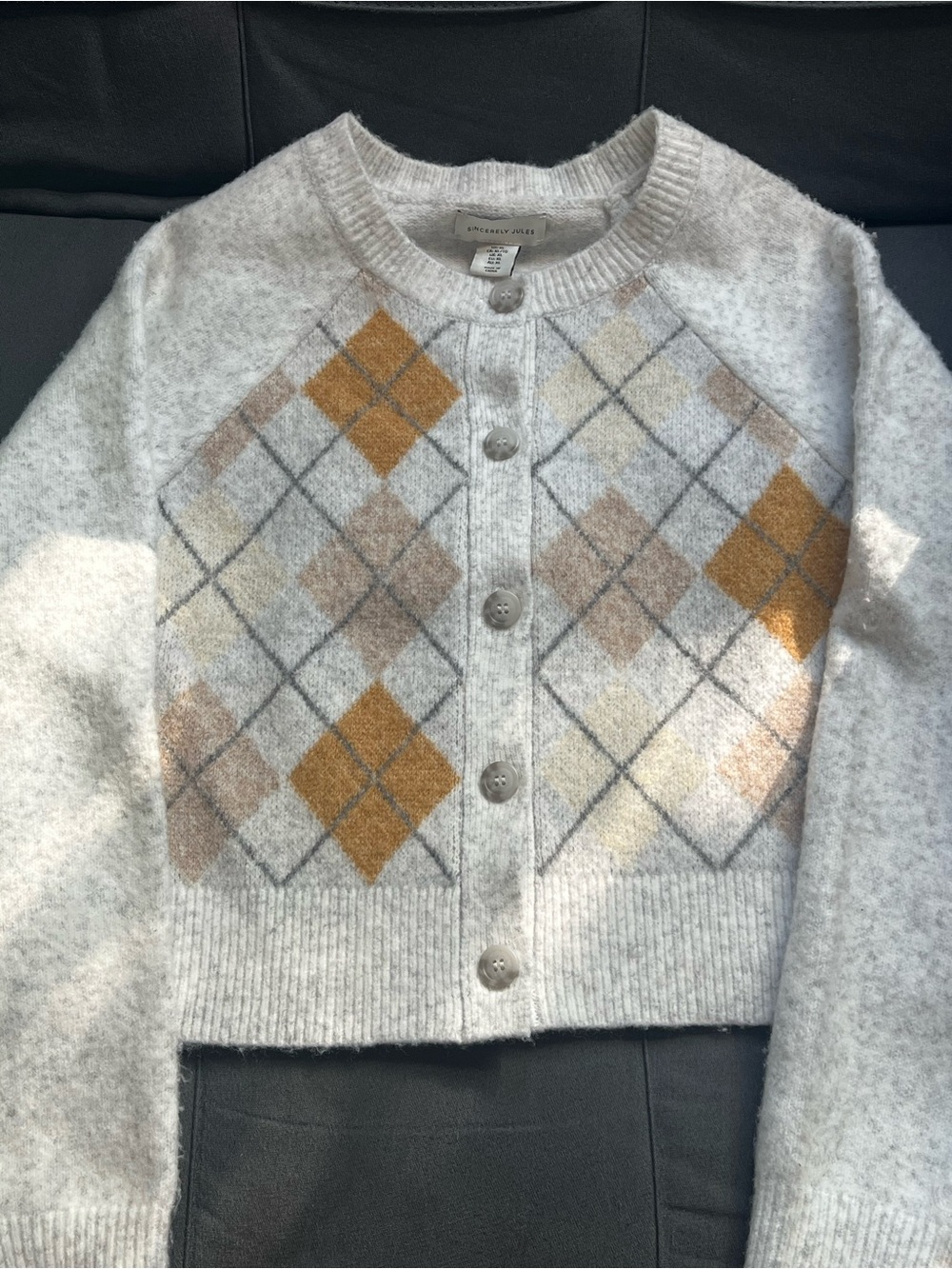 Sincerely Jules Cream & Mustard Argyle Crewneck Cardigan